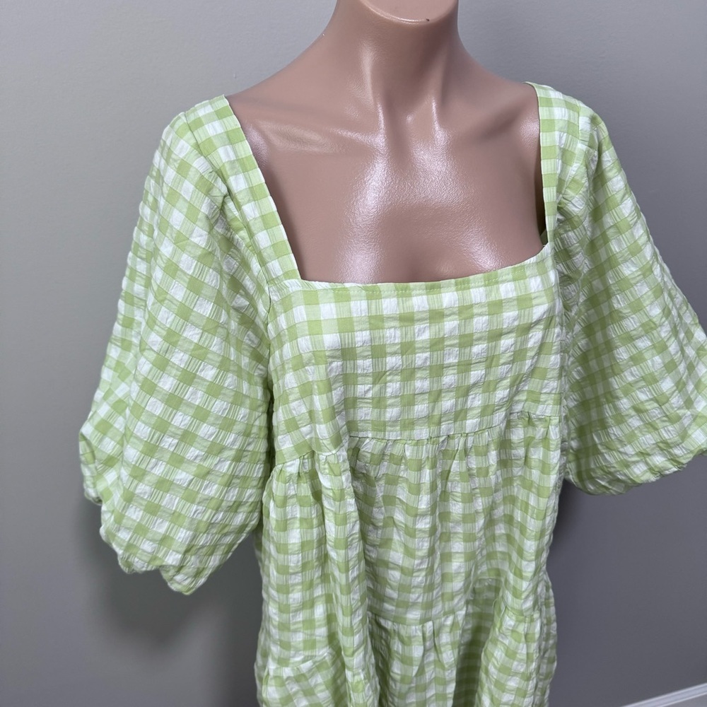 Lush Gingham Plaid Green Spring Dress Easter Jacquard Balloon Sleeve Large Lime - Picture 4 of 9